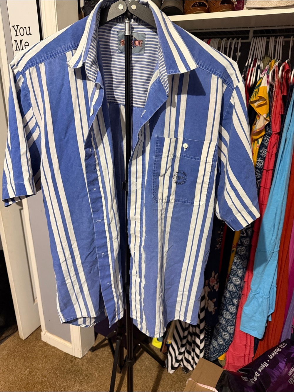 Bugle Boy Blue and White Striped Short-Sleeve Button-Down Shirt